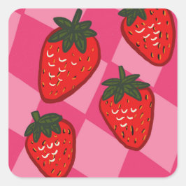 ピンクと赤の手描きイチゴのチェック柄 スクエアシール