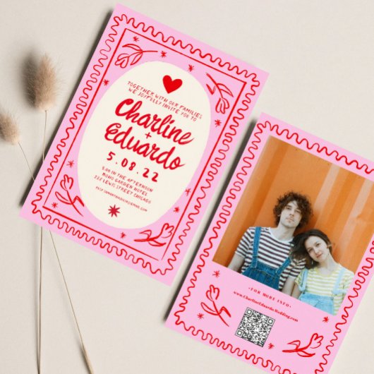 ピンクと赤の手描きウェーブレトロ結婚式 招待状