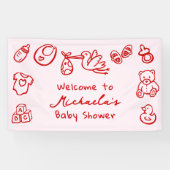 ピンクと赤の手描き落書きリボンの女の子ベビーシャワー 横断幕 (横)