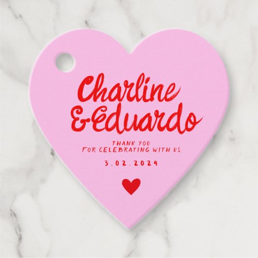 ピンクと赤の手書きレトロ結婚の感謝 フェイバータグ (正面)