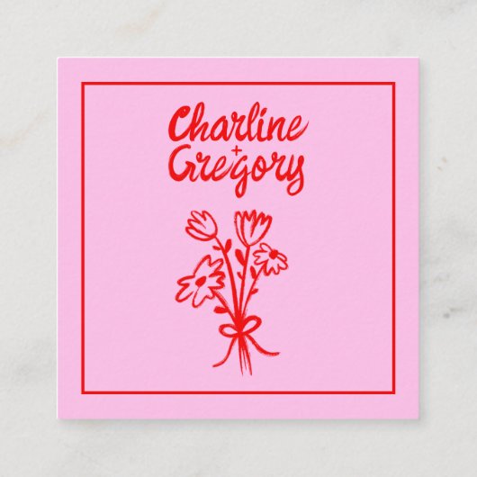 ピンクと赤の手書きレトロ結婚の詳細 エンクロージャーカード (裏面)