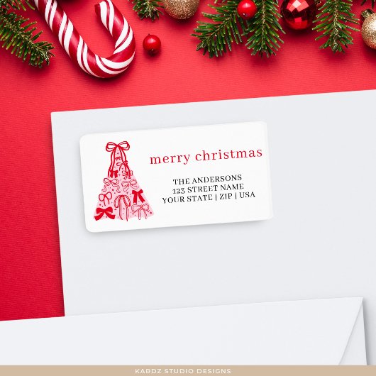 ピンクと赤の楽しいクリスマスツリーボー ホリデー ラベル