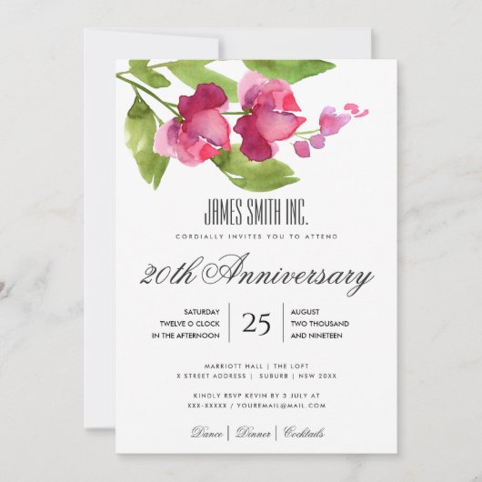 ピンクと赤の水彩花柄コーポレートパーティーイベント 招待状 (正面)