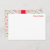 ピンクと赤の水玉模様モノグラムフラットノートカード 招待状 (正面/裏面)