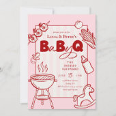 ピンクと赤の水玉BBQカップルのベビーQベビーシャワー 招待状 (正面)
