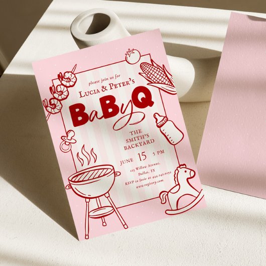 ピンクと赤の水玉BBQカップルのベビーQベビーシャワー 招待状