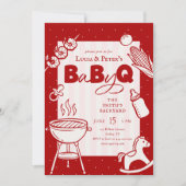 ピンクと赤の水玉BBQベビーQベビーシャワー 招待状 (正面)