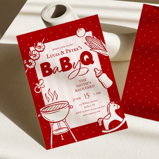 ピンクと赤の水玉BBQベビーQベビーシャワー 招待状