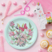 ピンクと赤の水色の花と蝶 ペーパープレート (パーティー)