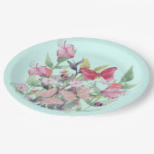 ピンクと赤の水色の花と蝶 ペーパープレート (アングル)