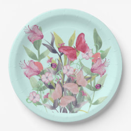 ピンクと赤の水色の花と蝶 ペーパープレート