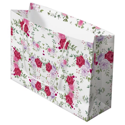 ピンクと赤の水色の花のヴィンテージ模様 ラージペーパーバッグ (正面アングル)