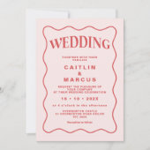 ピンクと赤の波のフォトレッドフレーム結婚ズ 招待状 (正面)