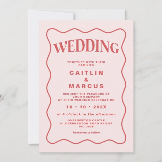 ピンクと赤の波のフォトレッドフレーム結婚ズ 招待状 (正面)