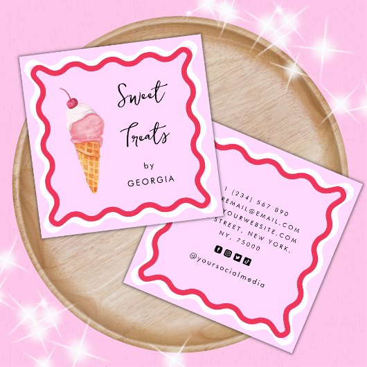 ピンクと赤の波のフレーム甘いお菓子アイスクリーム スクエア名刺