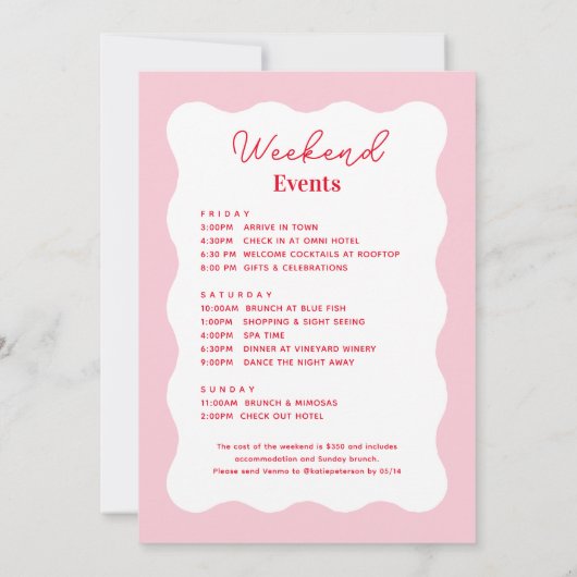 ピンクと赤の波状のバチェロレッテの週末の日程 招待状 (裏面)