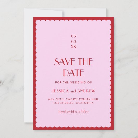 ピンクと赤の波状の写真レトロ70結婚年代 セーブザデート (正面)