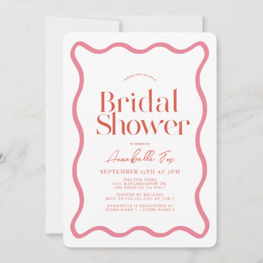 ピンクと赤の波状フレームトレンディーブライダルシャワー 招待状 (正面)