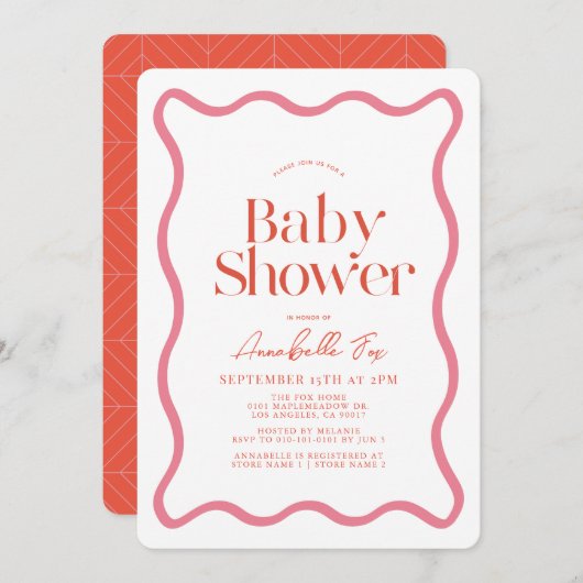 ピンクと赤の波状フレームトレンディーベビーシャワー 招待状 (正面/裏面)