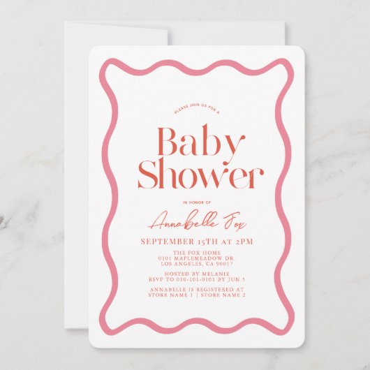 ピンクと赤の波状フレームトレンディーベビーシャワー 招待状 (正面)