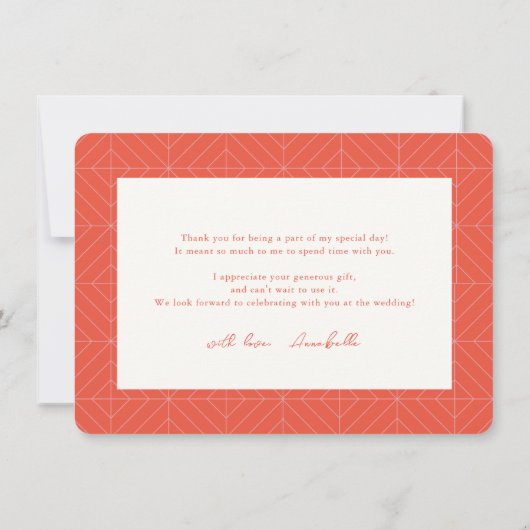ピンクと赤の波状フレームブライダルシャワーありがとう ノートカード (裏面)