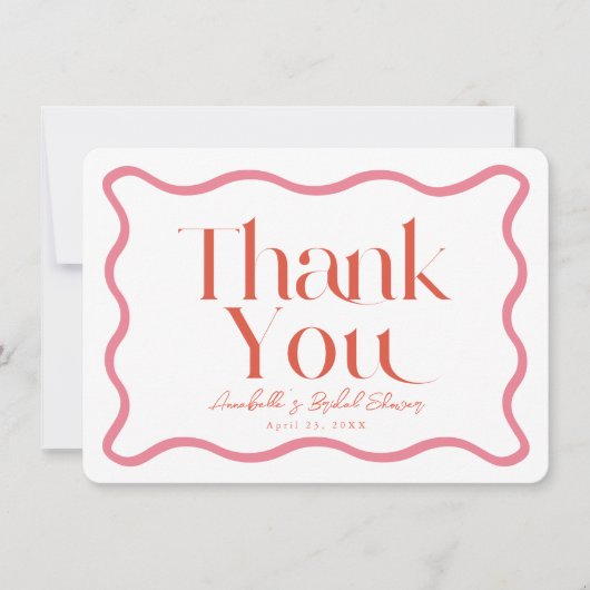 ピンクと赤の波状フレームブライダルシャワーありがとう ノートカード (正面)