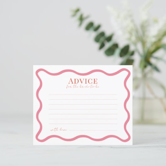 ピンクと赤の波状フレームブライダルシャワーアドバイスカード (スタンド正面)