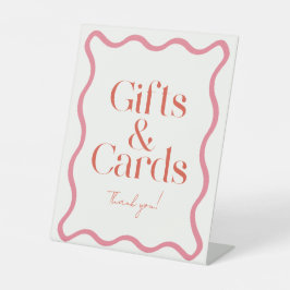 ピンクと赤の波状フレームブライダルシャワーギフト&カード 台座サイン