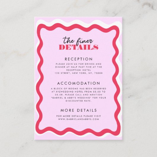 ピンクと赤の波状フレームレトロ70s詳細結婚s エンクロージャーカード (正面)