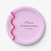 ピンクと赤の波状レトロ70年代ブライダルシャワー ペーパープレート (正面)
