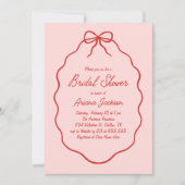 ピンクと赤の波状手引き弓ブライダルシャワー 招待状 (正面)