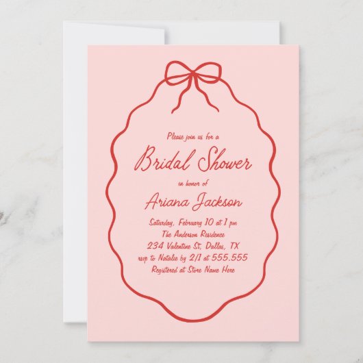 ピンクと赤の波状手引き弓ブライダルシャワー 招待状 (正面)
