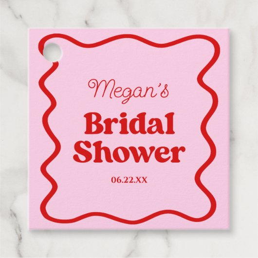 ピンクと赤の波線ボーダー ブライダルシャワー フェイバータグ (正面)