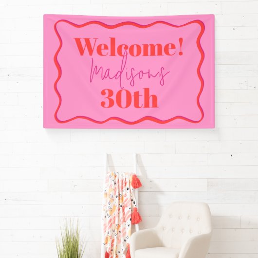 ピンクと赤の波縁ど30歳の誕生日 横断幕 (インサイチュ)