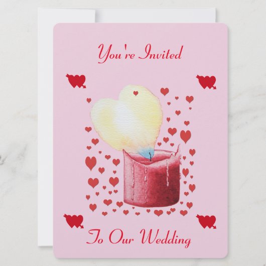 ピンクと赤の燃え盛る心結婚の形 招待状 (正面)