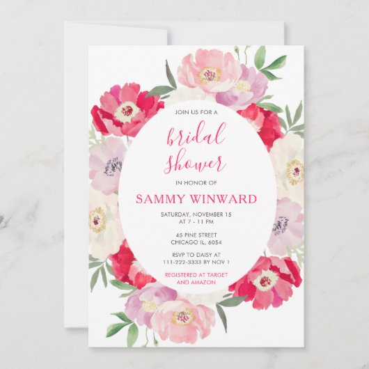 ピンクと赤の牡丹の花ブライダルシャワー 招待状 (正面)