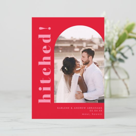 ピンクと赤の結婚式　アーチ型写真　挙式発表 案内状 (スタンド正面)