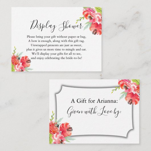 ピンクと赤の絵を描フローラ表示ブライダルシャワー エンクロージャーカード (正面/裏面)