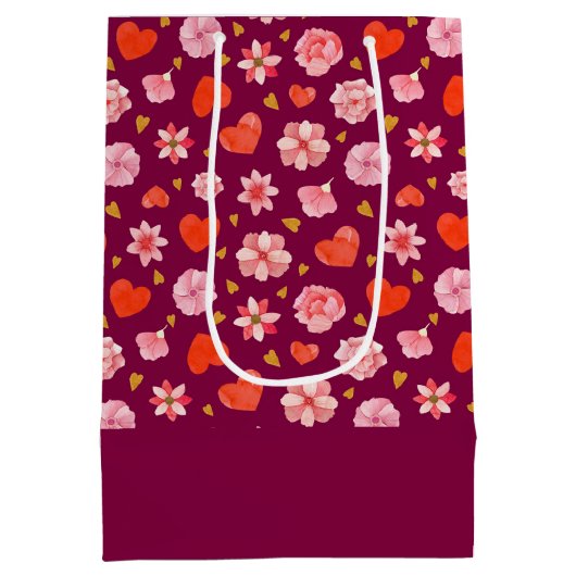 ピンクと赤の花とハート ミディアムペーパーバッグ (裏面)