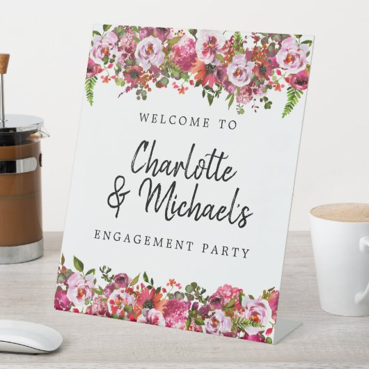 ピンクと赤の花のエンゲージメントパーティーウェルカム 台座サイン (インサイチュ)