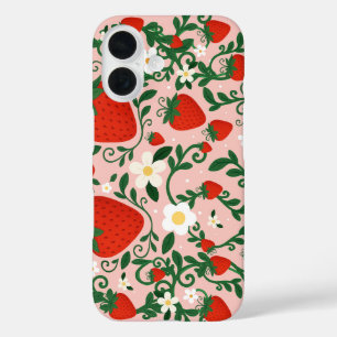 ピンクと赤の花のツタ いちご かわいい iPhone 16ケース