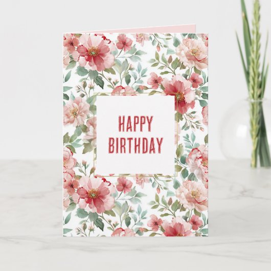 ピンクと赤の花の誕生日 カード (正面)