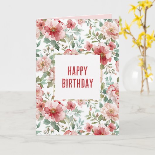 ピンクと赤の花の誕生日 カード (黄色い花)