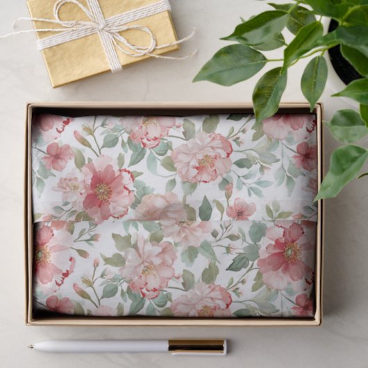 ピンクと赤の花柄の誕生日 薄葉紙 (ギフト)