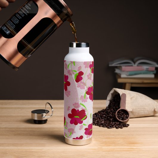 ピンクと赤の花 - フラワーパターン ウォーターボトル (コーヒー)