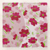 ピンクと赤の花 - フラワープリント ガラスコースター (正面)