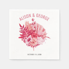 ピンクと赤の花、ヤシ結婚の葉 スタンダードカクテルナプキン