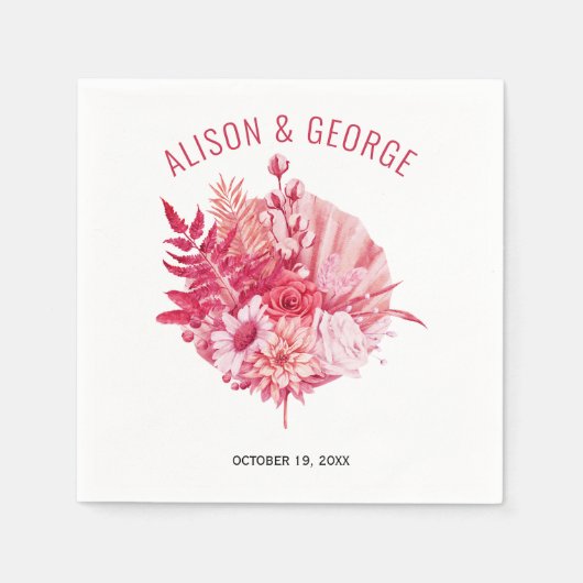 ピンクと赤の花、ヤシ結婚の葉 スタンダードカクテルナプキン (正面)