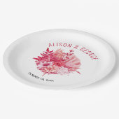 ピンクと赤の花、ヤシ結婚の葉 ペーパープレート (アングル)