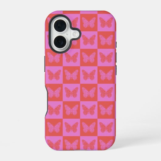 ピンクと赤の蝶チェック柄 iPhone 16ケース (裏面)